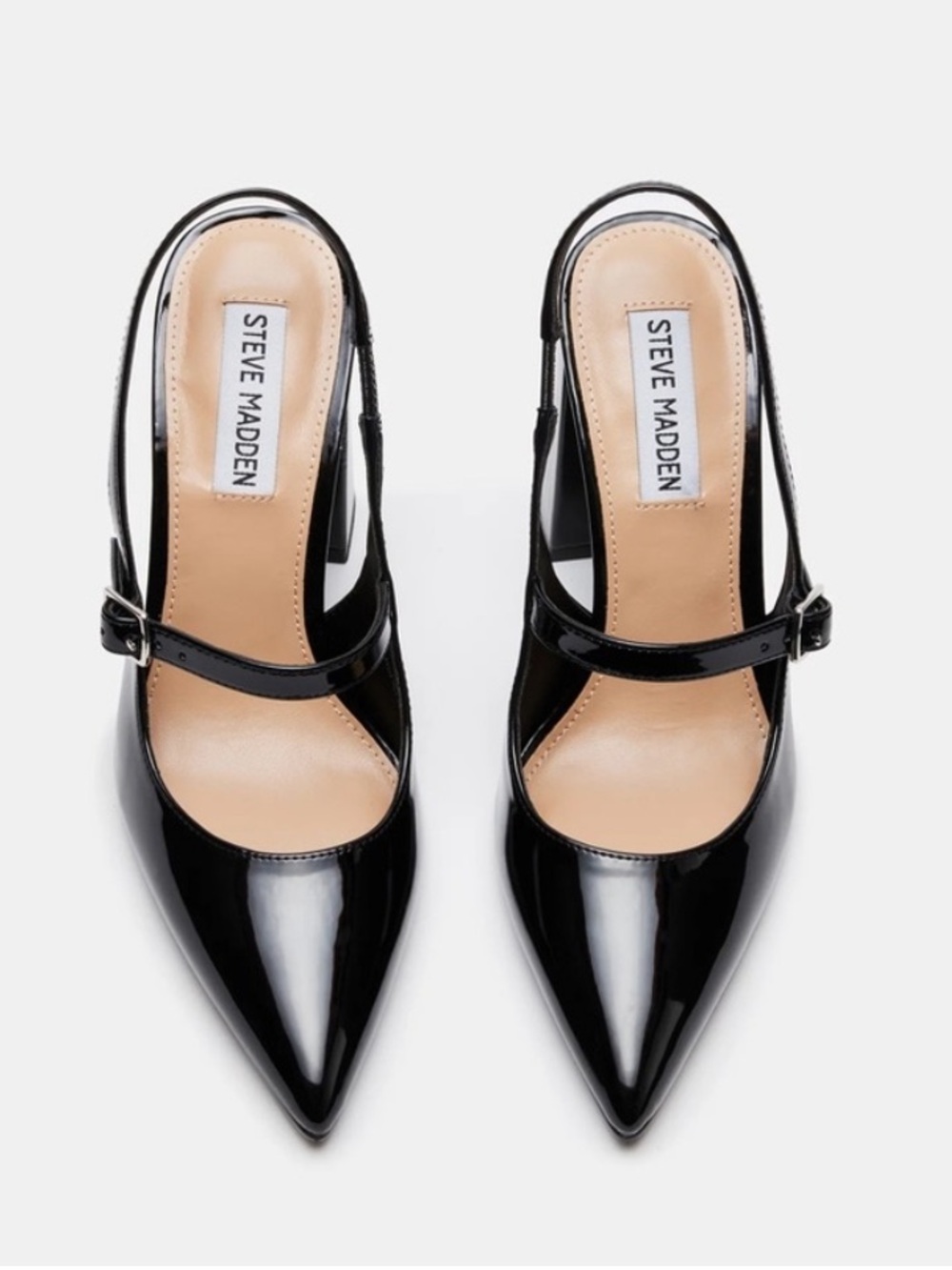 Steve Madden Maegan Black Patent Pointed Slingback Block Heels - Picture 2 of 9